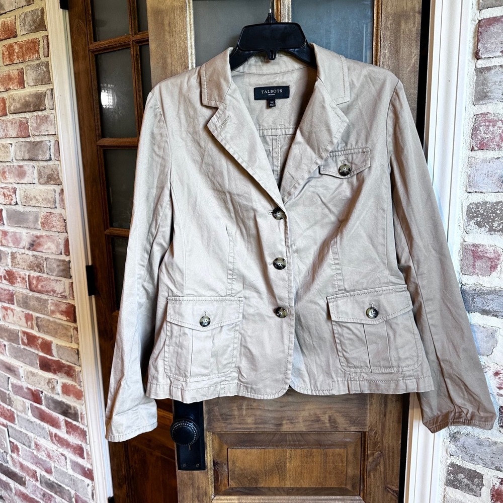 Talbots Blazer Jacket Women 14P Khaki Beige Utility Safari Cotton Twill Petite